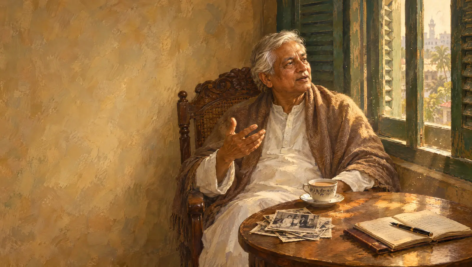 জানালার পাশে চেয়ারে বসে একজন বয়স্ক ভদ্রলোক গল্প বলছেন, টেবিলে চা, পুরোনো ছবি আর খোলা খাতা