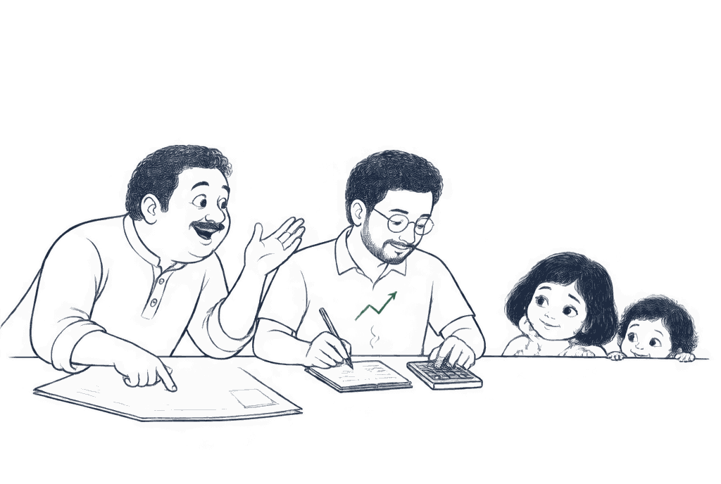 A know-it-all uncle waves a newspaper while the father calmly does the sums; Chithi and Chirkut peek over the table